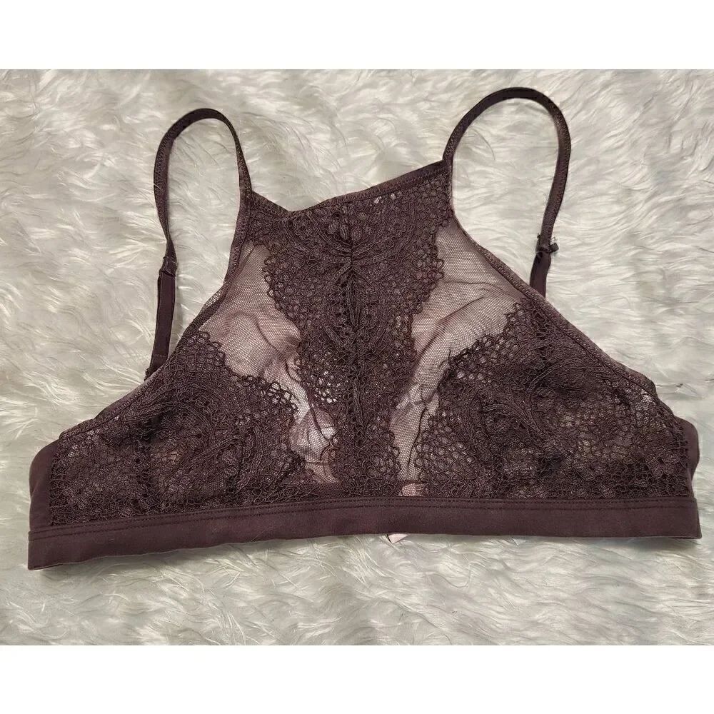Victoria Secret SMALL high neck lace, unlined purple halter bra